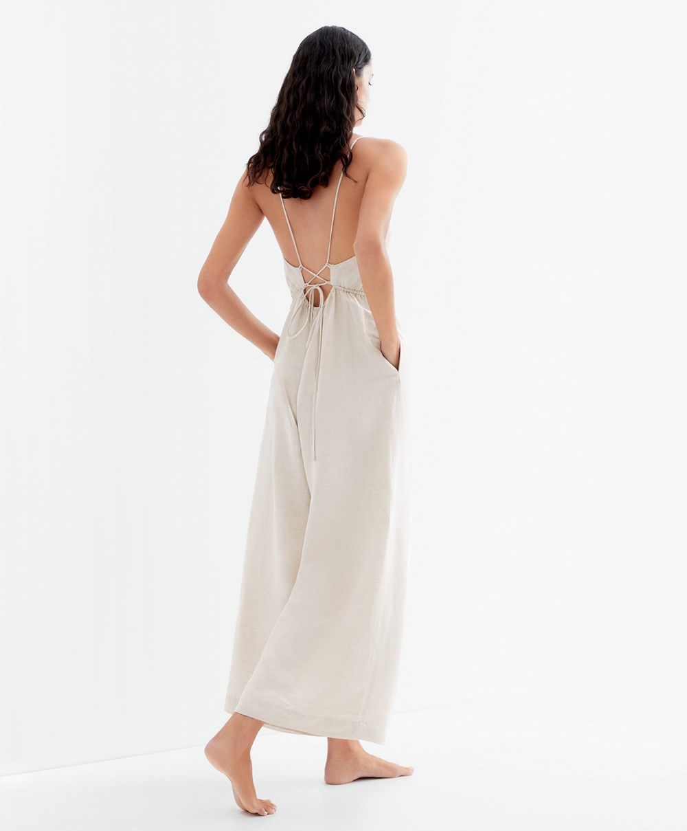 Oysho Long Linen Jumpsuit Sand Melange | KJHYRM-163