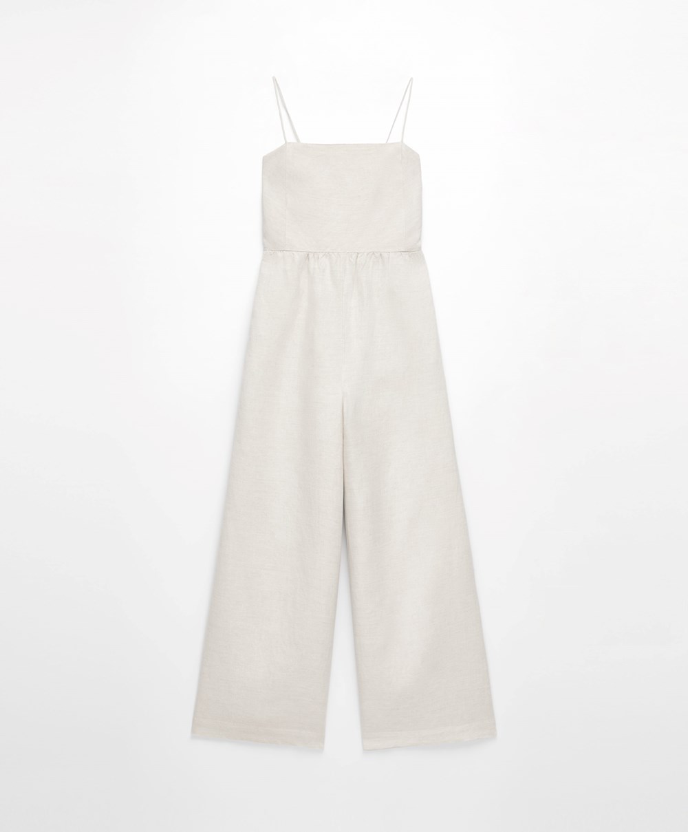 Oysho Long Linen Jumpsuit Sand Melange | KJHYRM-163