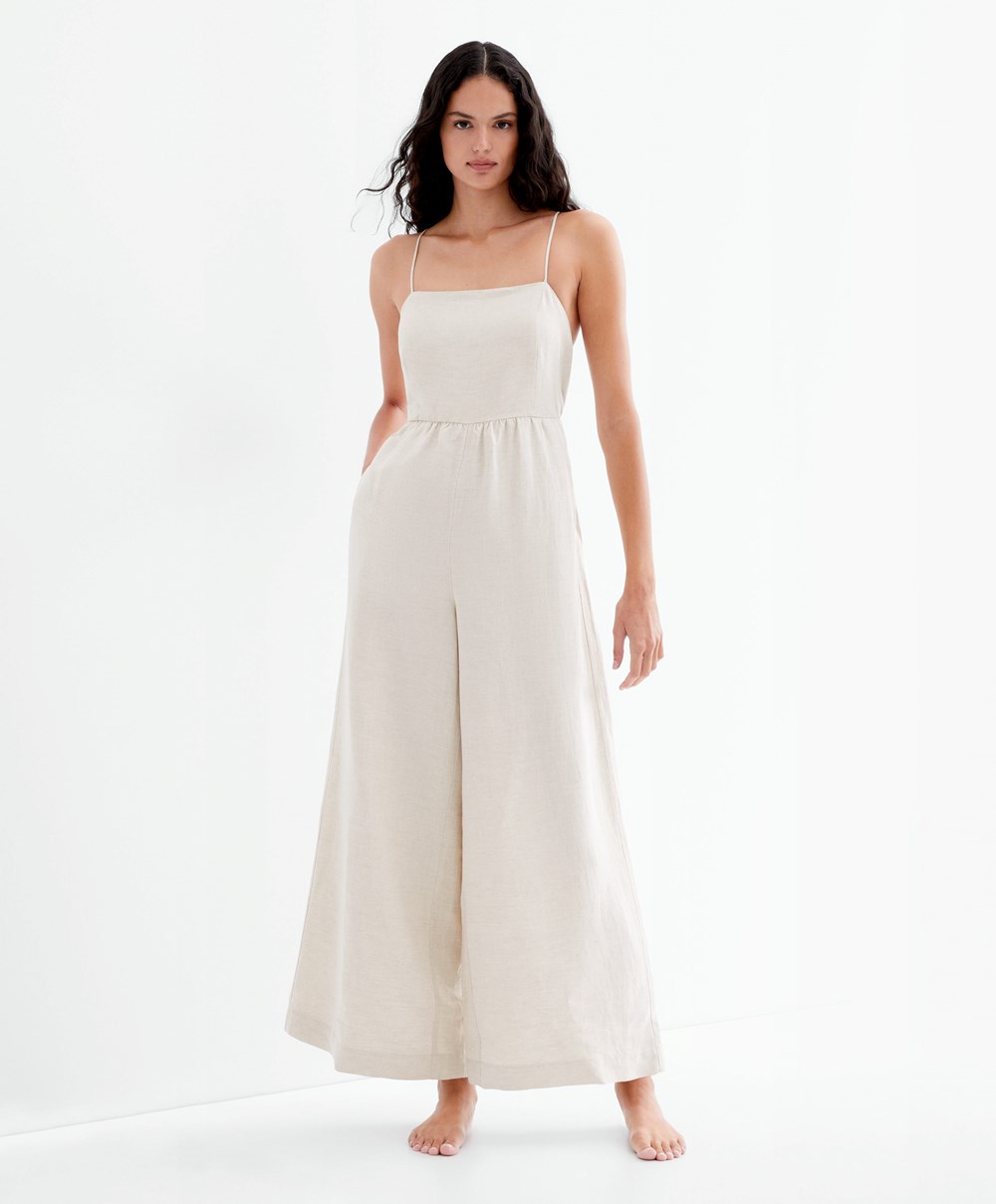 Oysho Long Linen Jumpsuit Sand Melange | KJHYRM-163