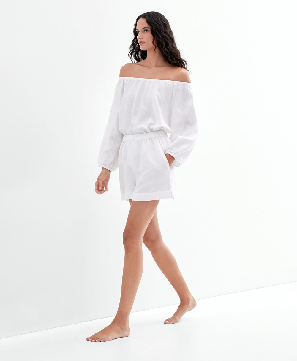 Oysho Long-sleeved 100% Linen Blouse Fehér | KSQOYI-385