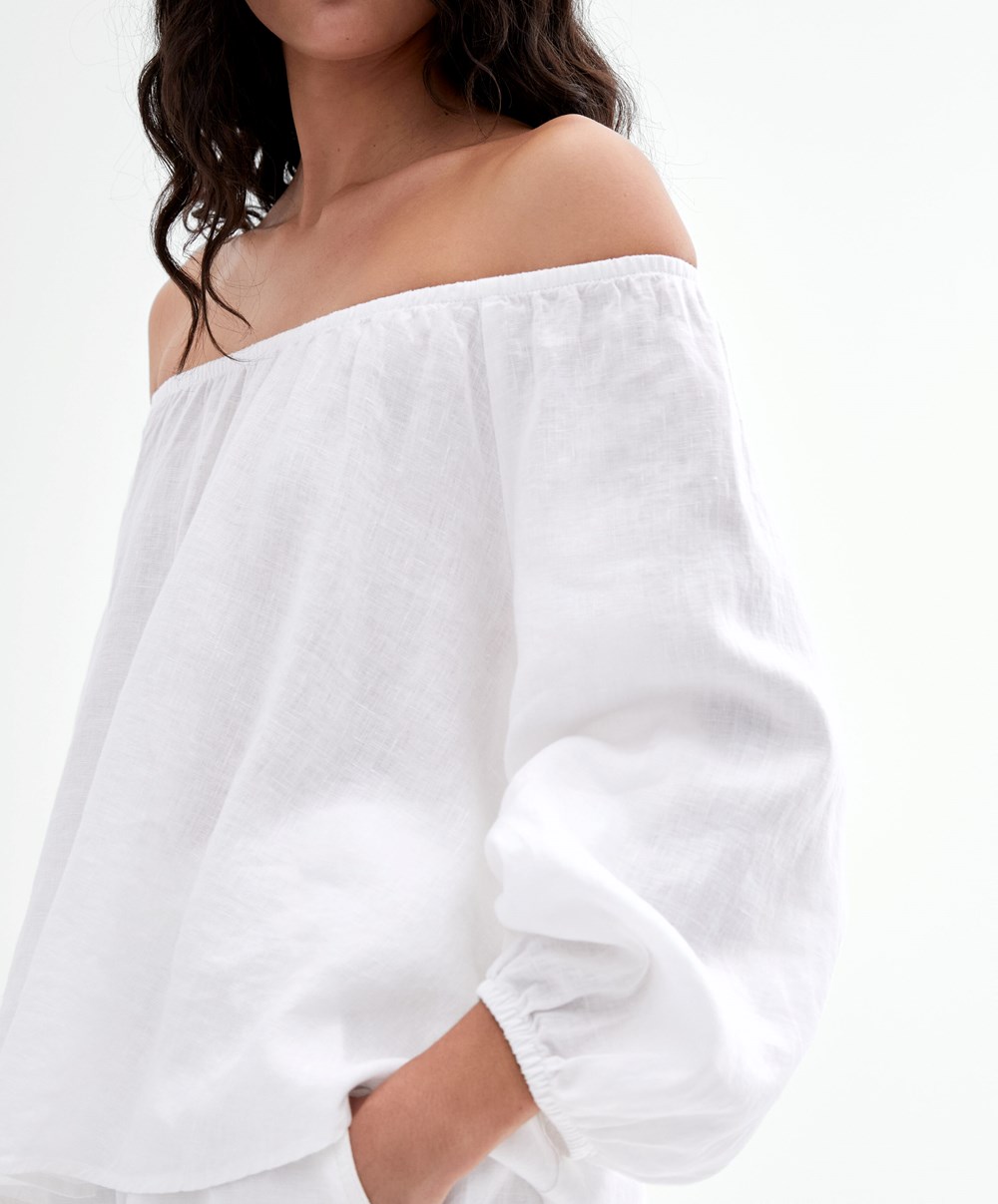 Oysho Long-sleeved 100% Linen Blouse Fehér | KSQOYI-385