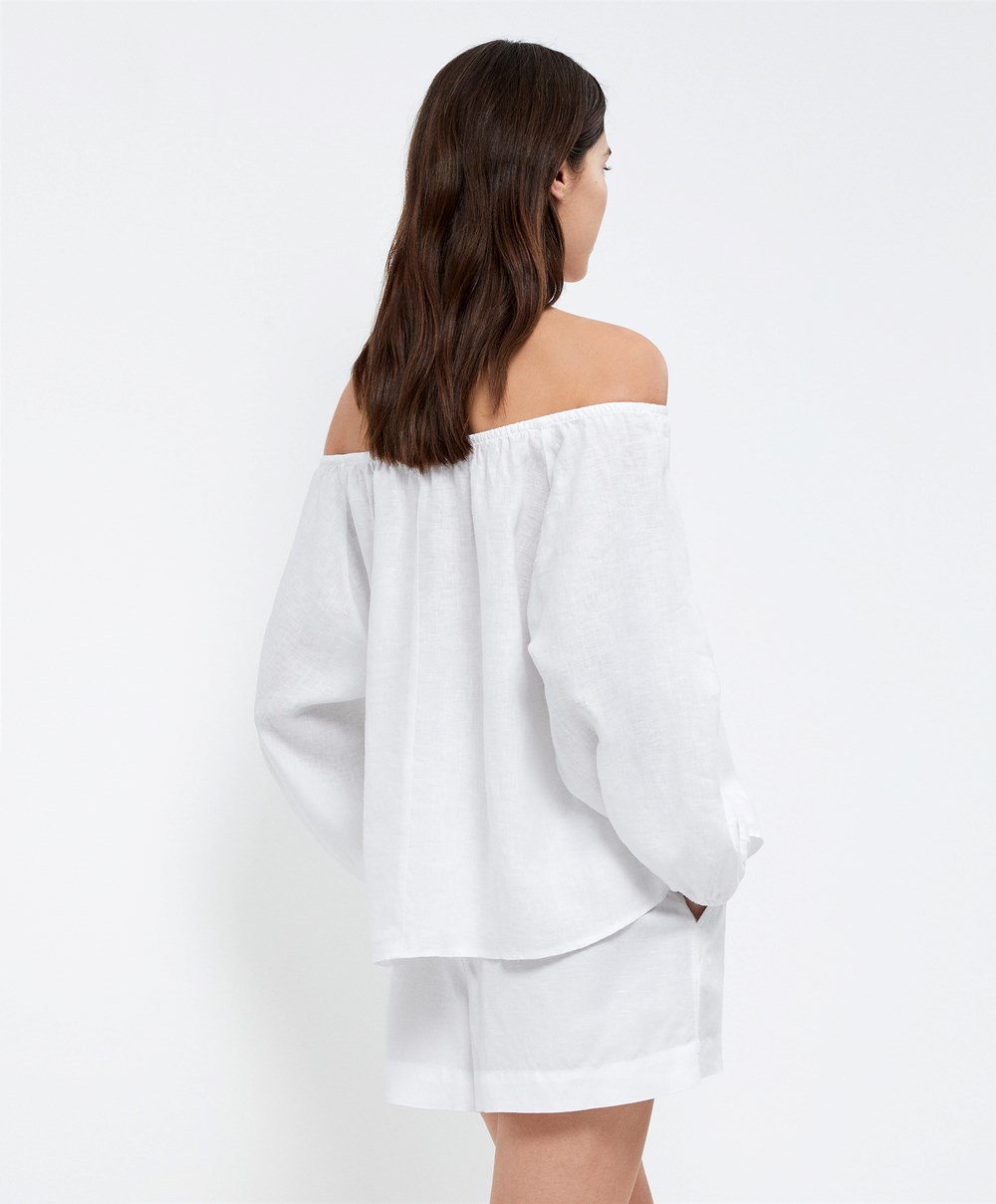 Oysho Long-sleeved 100% Linen Blouse Fehér | KSQOYI-385