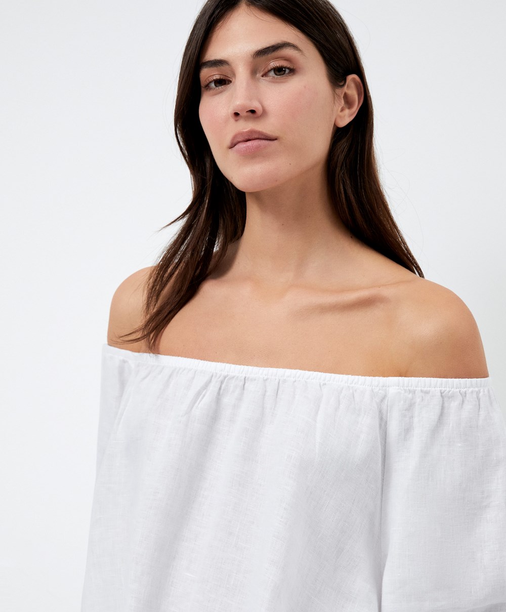 Oysho Long-sleeved 100% Linen Blouse Fehér | KSQOYI-385