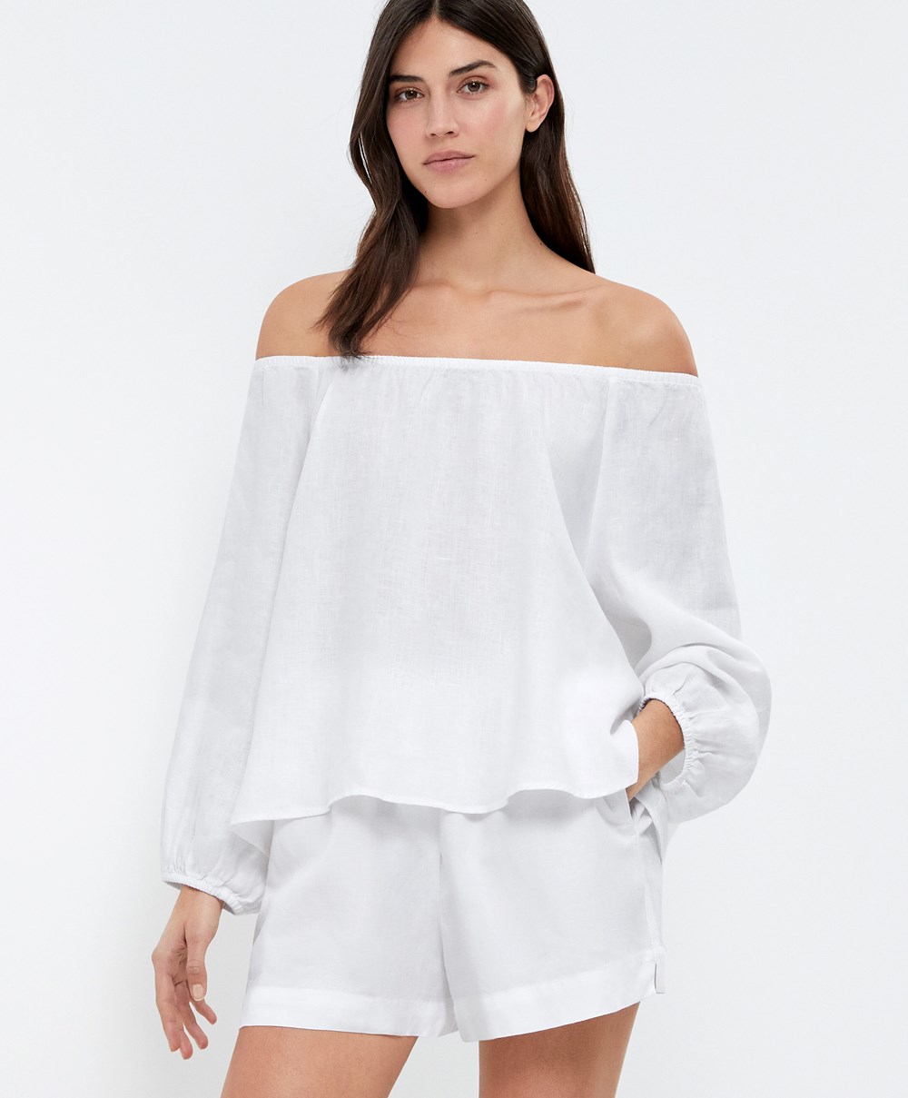 Oysho Long-sleeved 100% Linen Blouse Fehér | KSQOYI-385