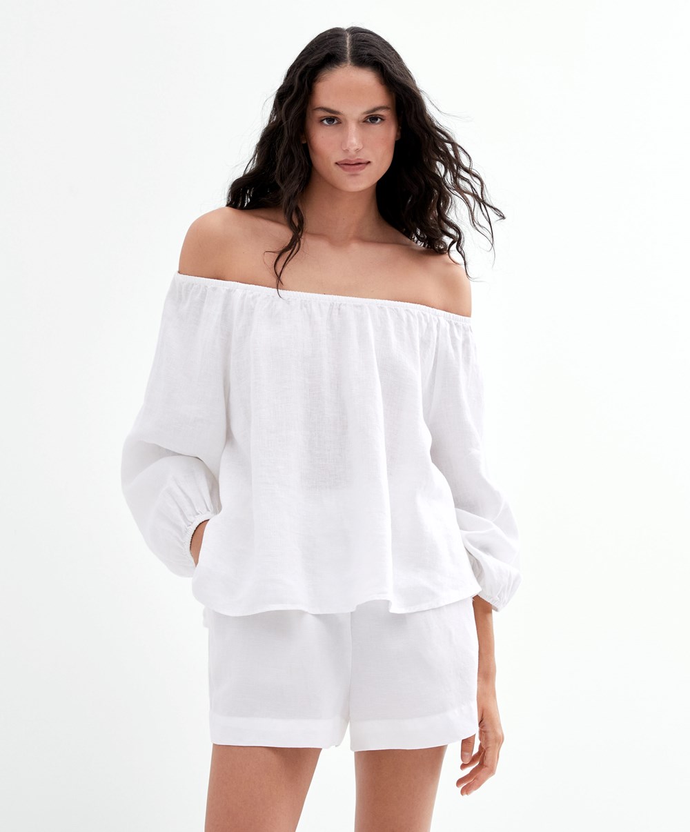 Oysho Long-sleeved 100% Linen Blouse Fehér | KSQOYI-385