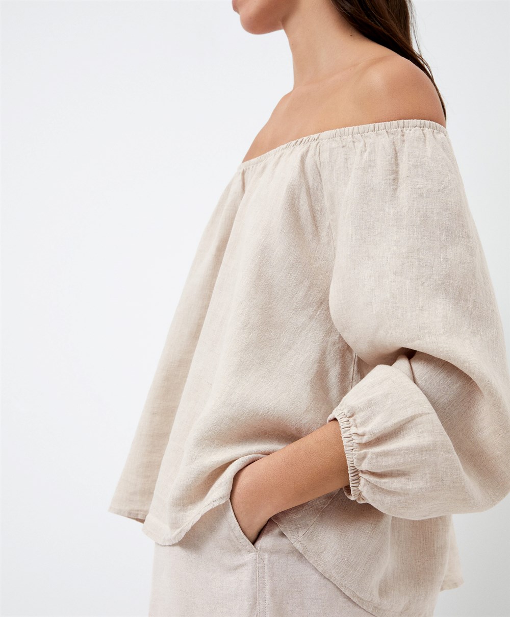 Oysho Long-sleeved 100% Linen Blouse Sand Melange | DTFUCK-734