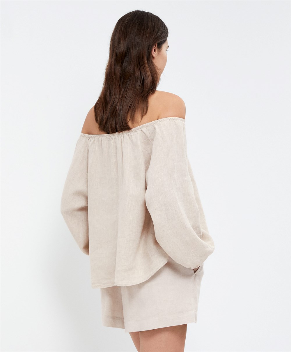 Oysho Long-sleeved 100% Linen Blouse Sand Melange | DTFUCK-734