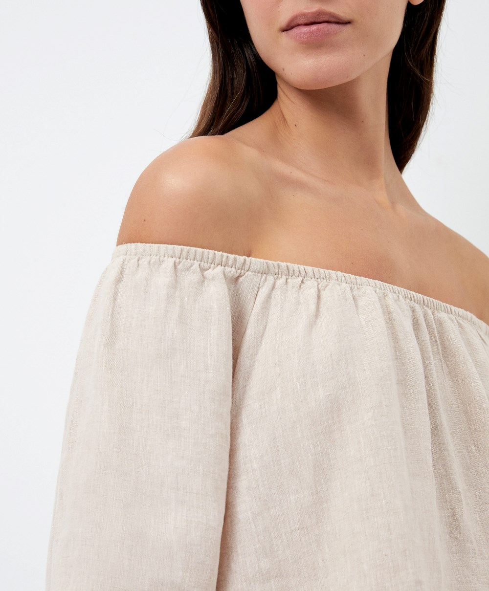 Oysho Long-sleeved 100% Linen Blouse Sand Melange | DTFUCK-734