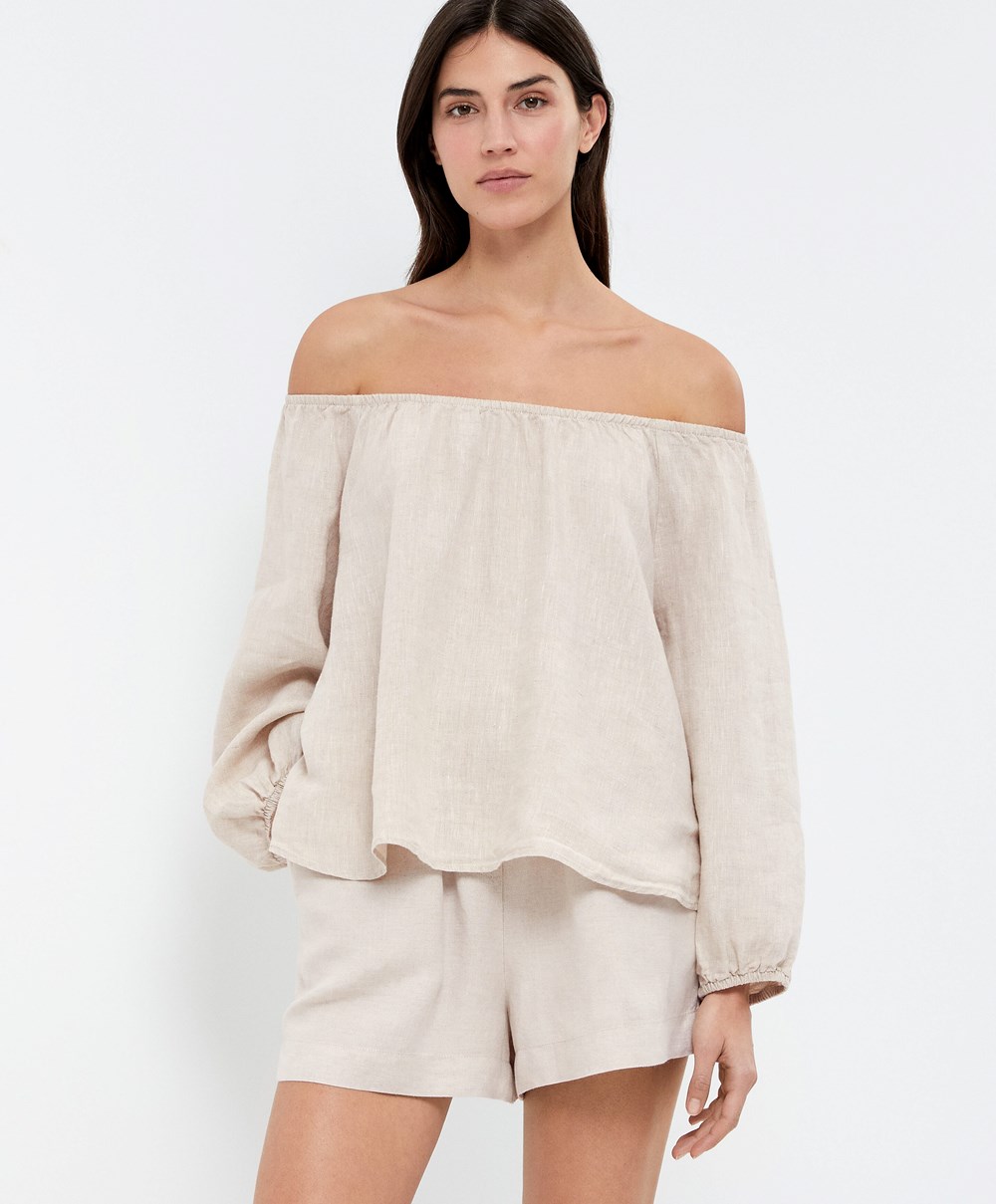 Oysho Long-sleeved 100% Linen Blouse Sand Melange | DTFUCK-734