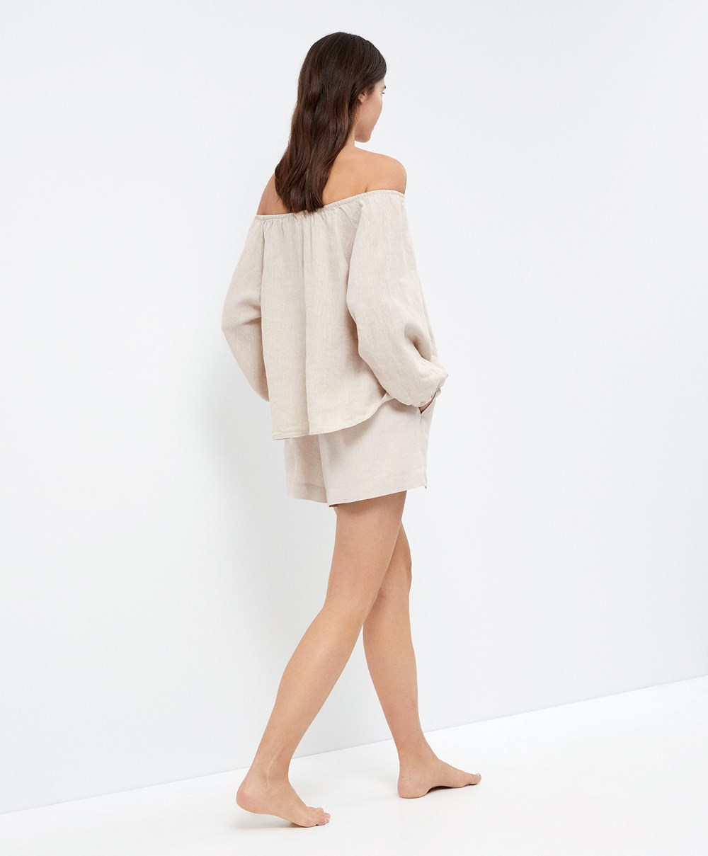 Oysho Long-sleeved 100% Linen Blouse Sand Melange | DTFUCK-734