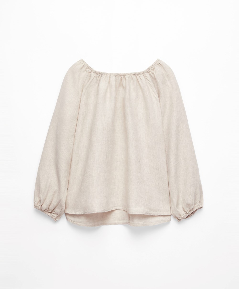 Oysho Long-sleeved 100% Linen Blouse Sand Melange | DTFUCK-734