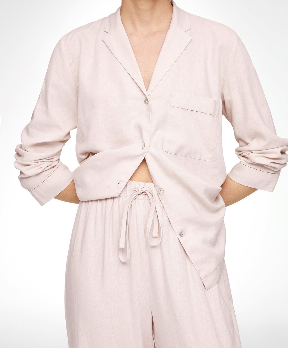 Oysho Long-sleeved Linen Shirt Bézs | AHNDYB-896