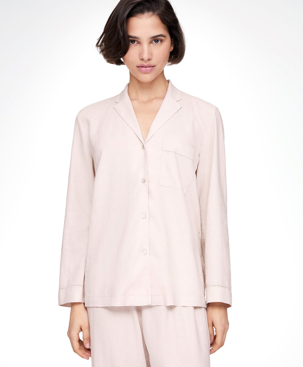 Oysho Long-sleeved Linen Shirt Bézs | AHNDYB-896