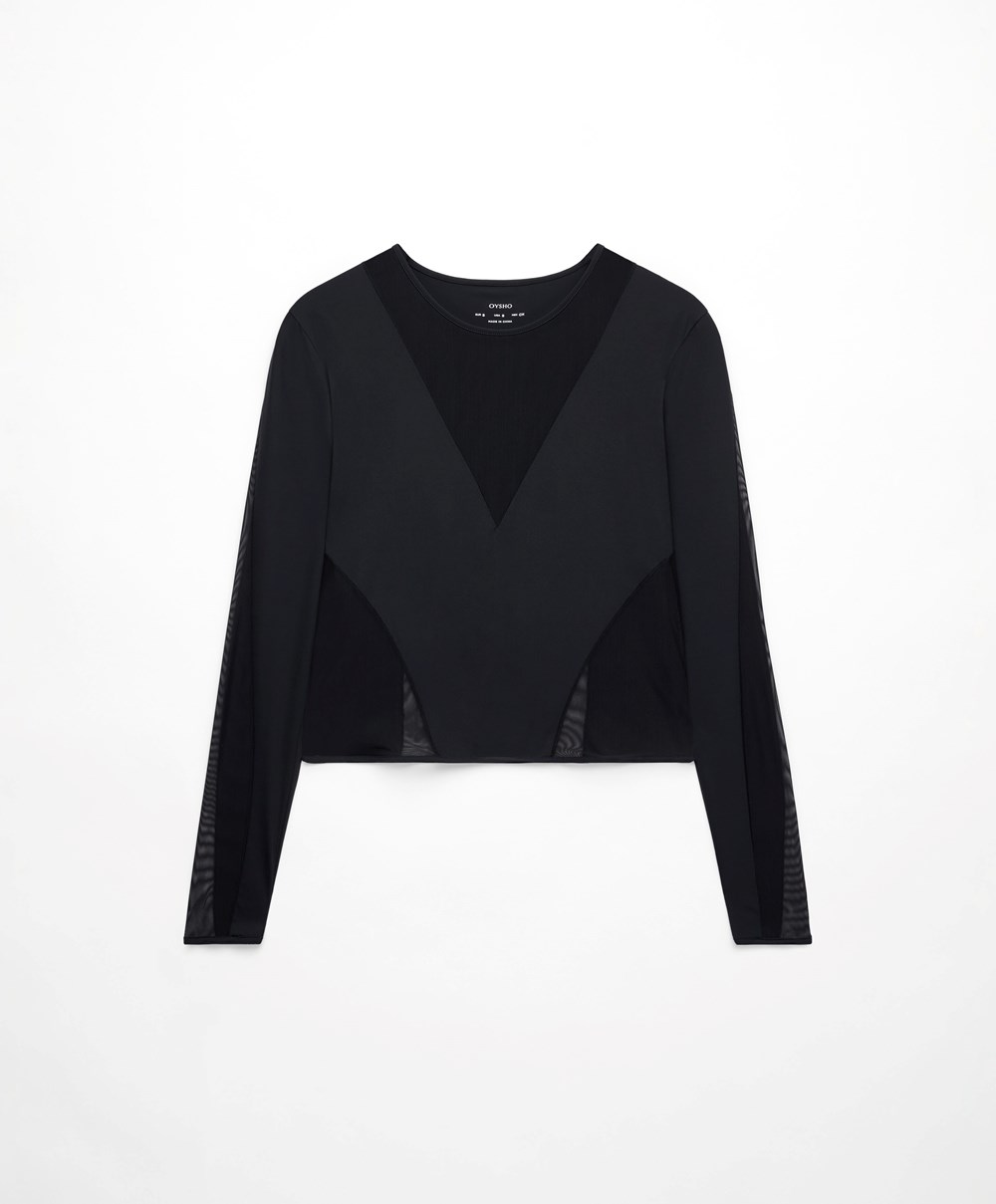 Oysho Long-sleeved Sheers Top Fekete | DYZTSP-394