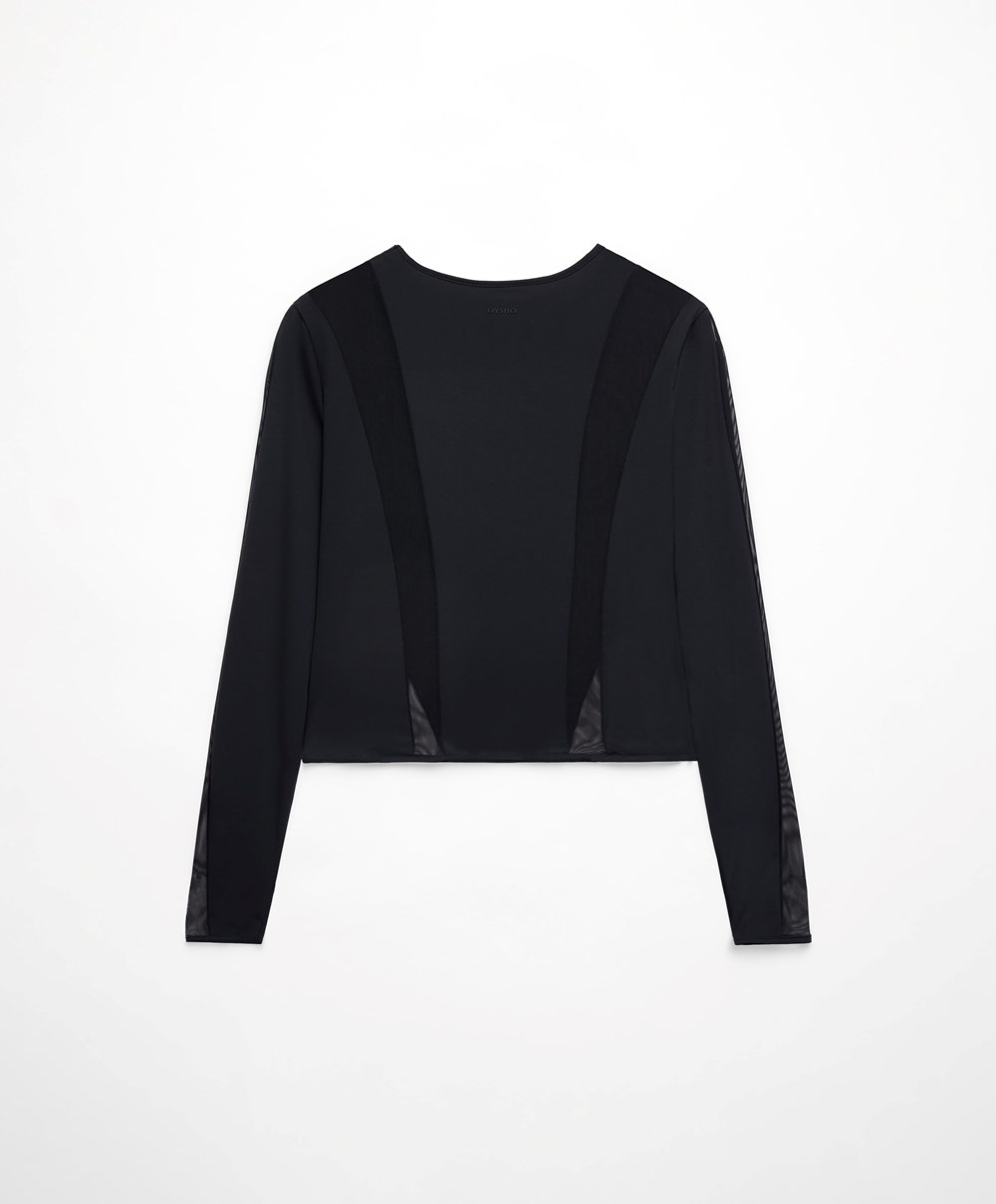 Oysho Long-sleeved Sheers Top Fekete | DYZTSP-394