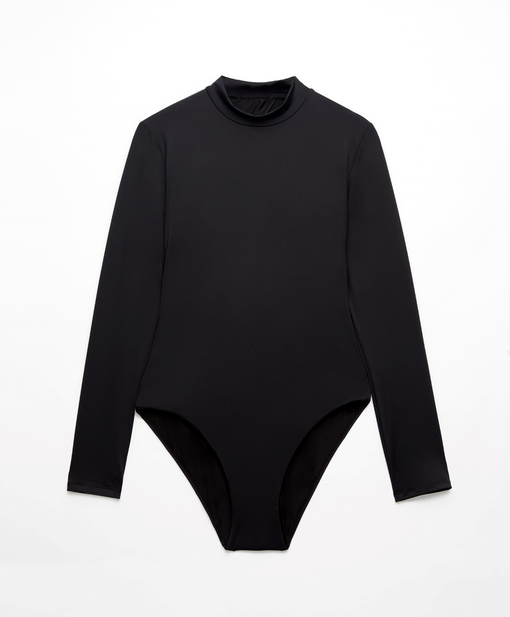 Oysho Long-sleeved Swimsuit Fekete | TPDKVI-017