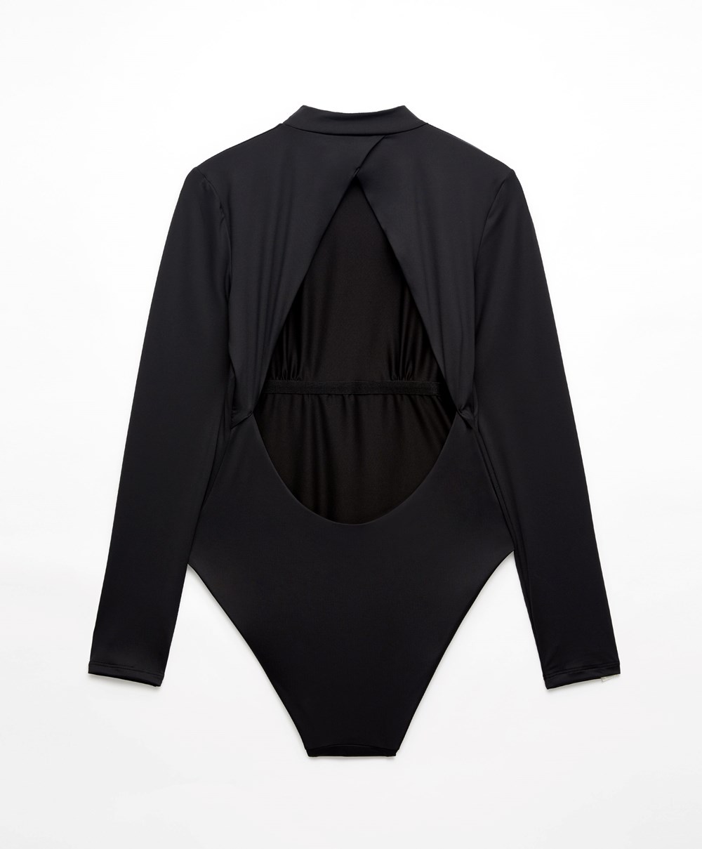 Oysho Long-sleeved Swimsuit Fekete | TPDKVI-017