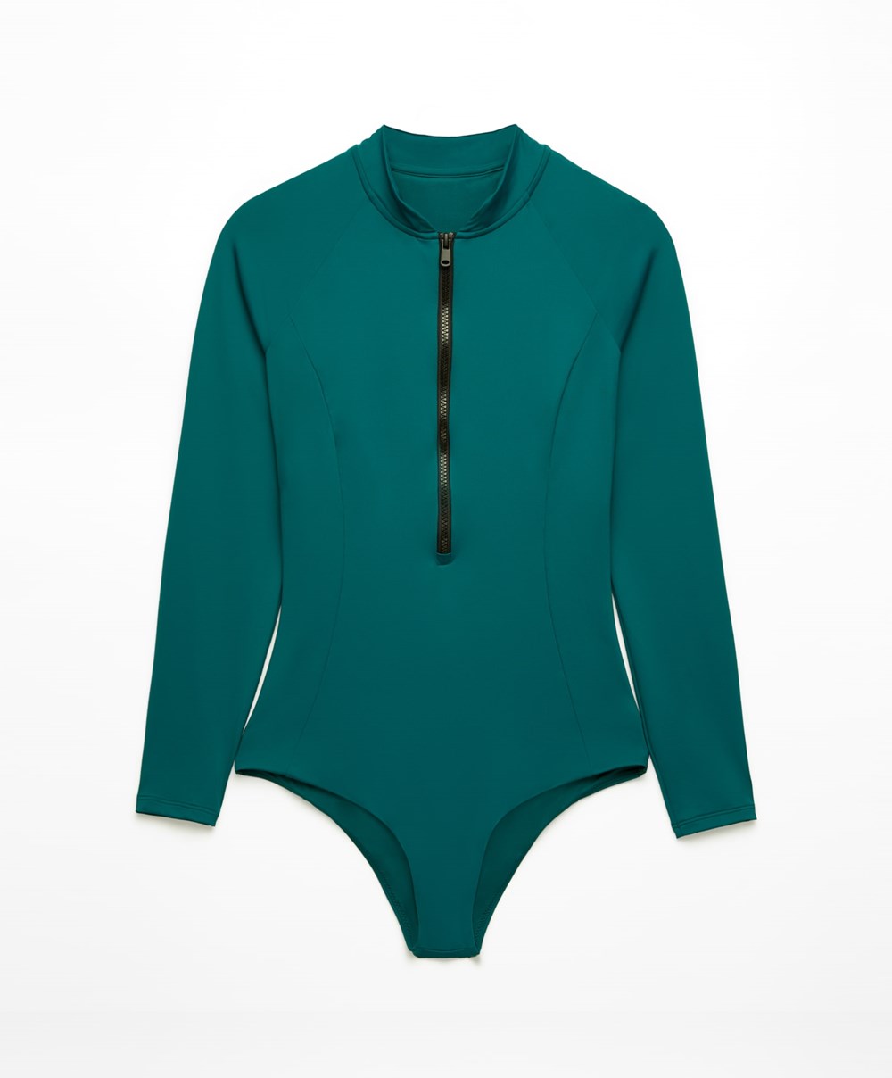 Oysho Long-sleeved Zip Swimsuit Zöld | GBQYVW-640