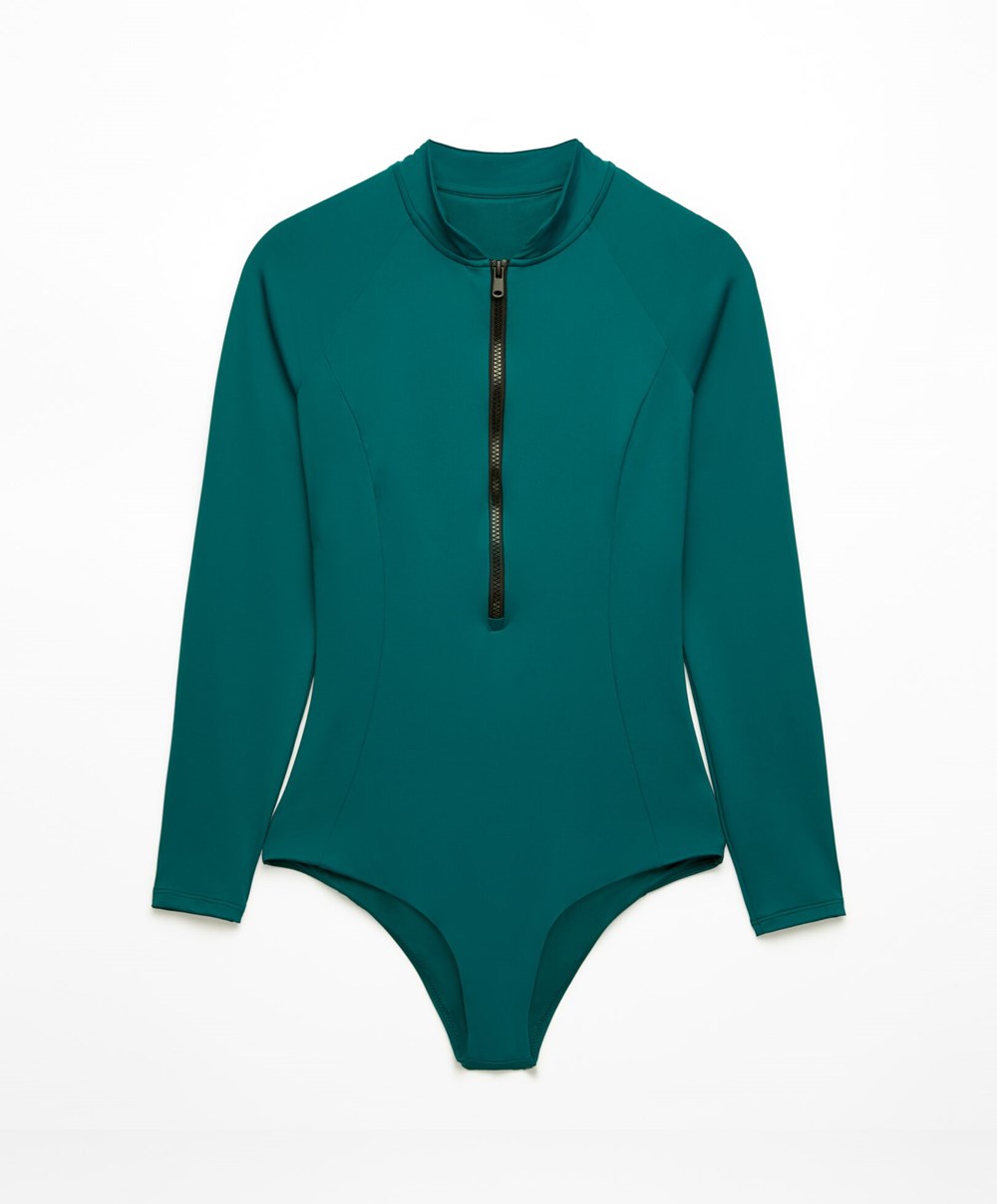 Oysho Long-sleeved Zip Swimsuit Zöld | WRUYGT-106