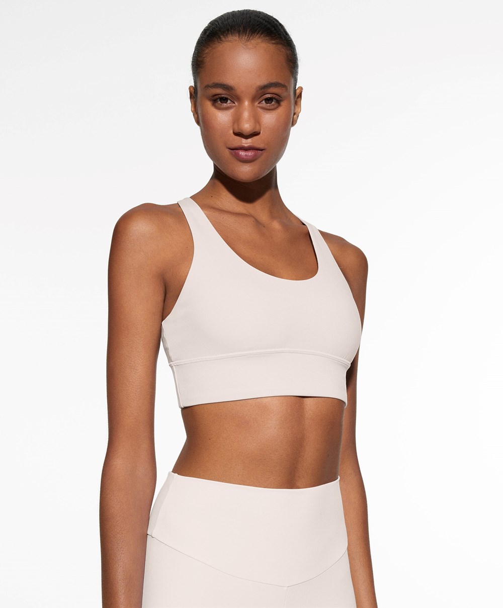 Oysho Medium-support Sports Bra With Cups Ivory Ecru | AHQESN-640