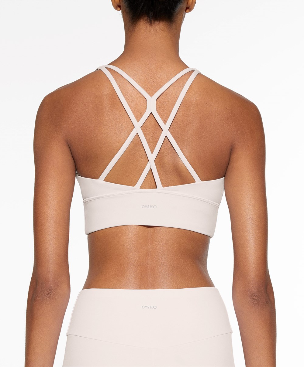 Oysho Medium-support Sports Bra With Cups Ivory Ecru | AHQESN-640