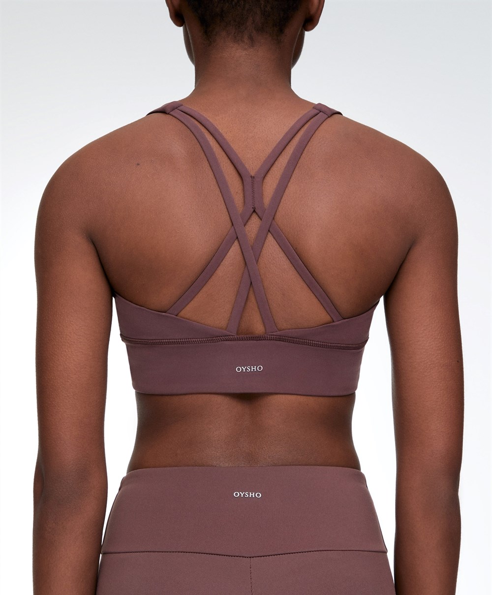 Oysho Medium-support Sports Bra With Cups Washed Mahogany | JYMTND-683