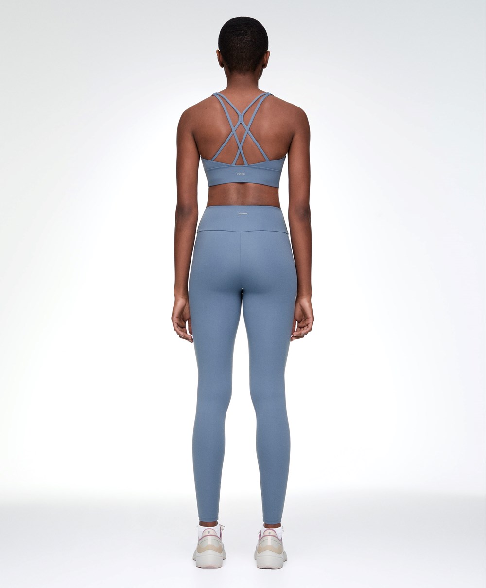 Oysho Medium-support Sports Bra With Cups Mid-blue | LRHEWQ-714