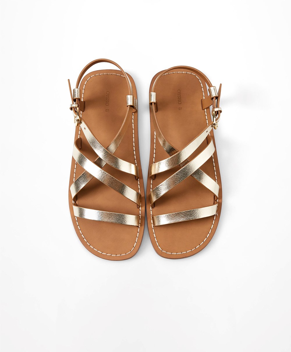 Oysho Metallic Bőr Sandals Arany | ILKGTU-839