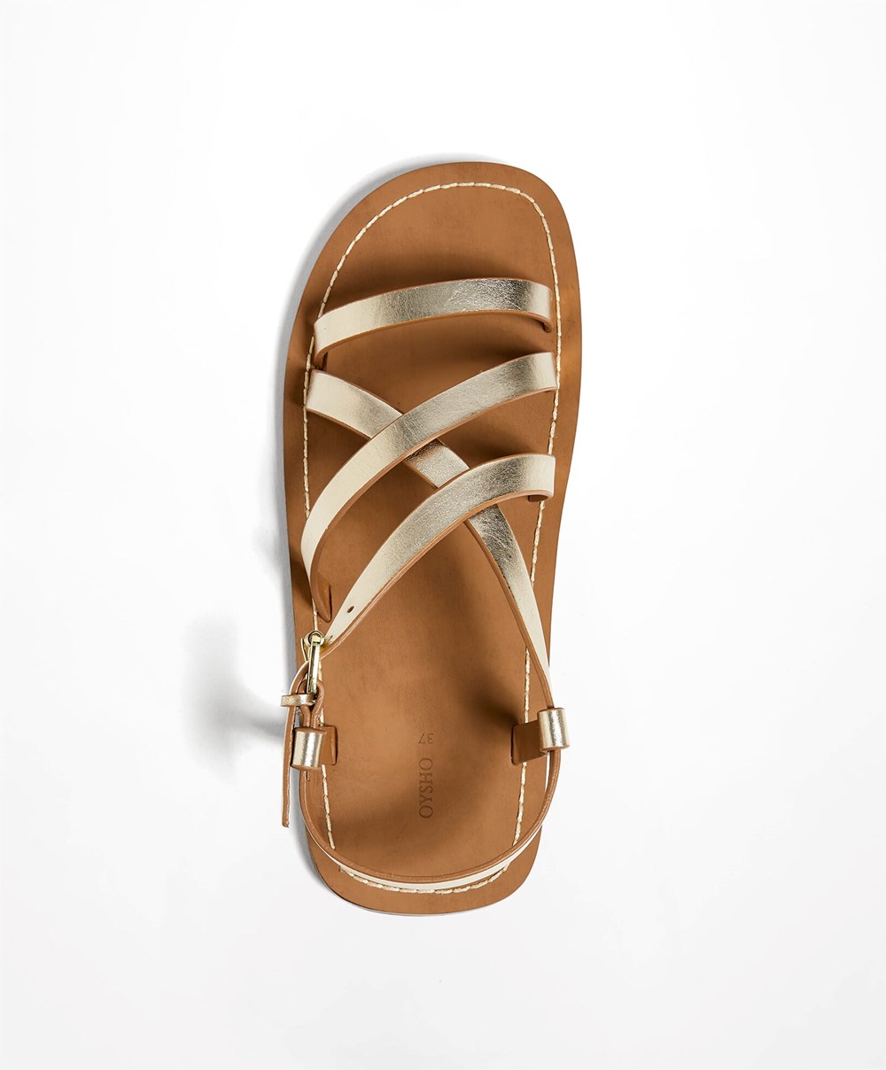 Oysho Metallic Bőr Sandals Arany | ILKGTU-839