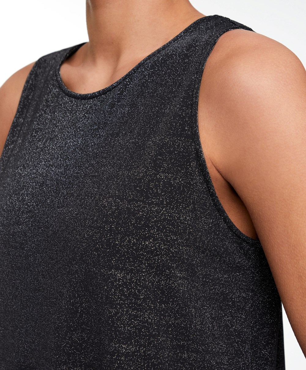 Oysho Metallic Thread Ujjatlan Top Fekete | GJCFLV-467