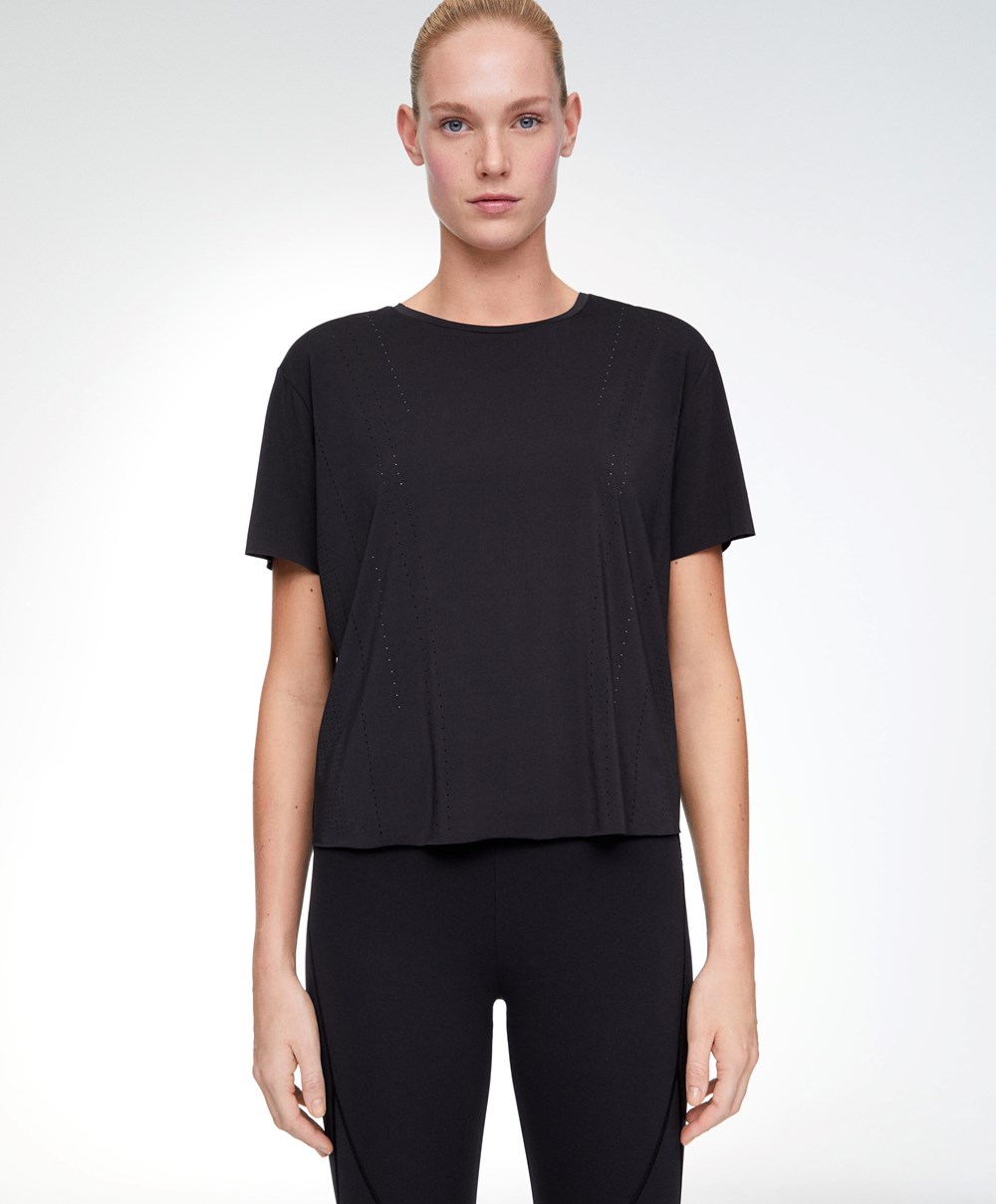 Oysho Microperforated Rövid-sleeved Technical T-shirt Fekete | UESFNL-760