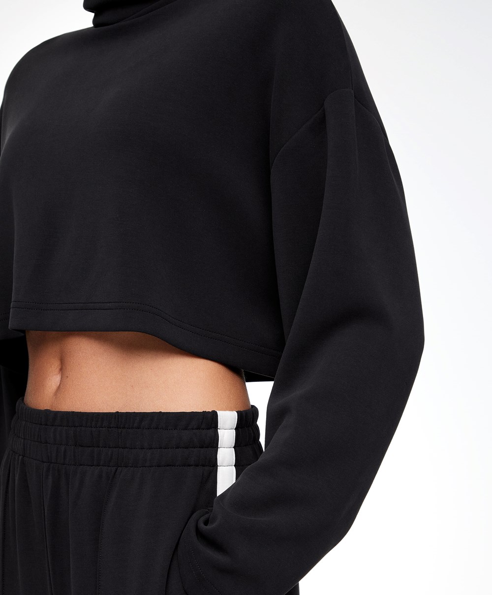 Oysho Modal Roll-neck Crop Sweatshirt Fekete | SFREVC-902