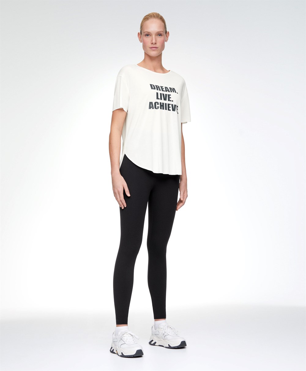 Oysho Modal Rövid-sleeved Text T-shirt Ecru | WZGENS-751