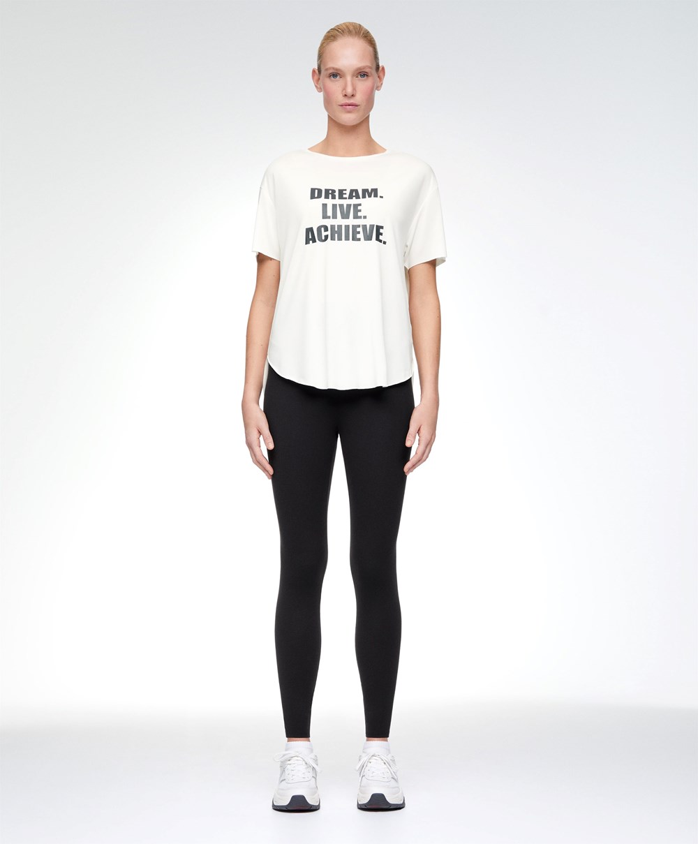 Oysho Modal Rövid-sleeved Text T-shirt Ecru | WZGENS-751