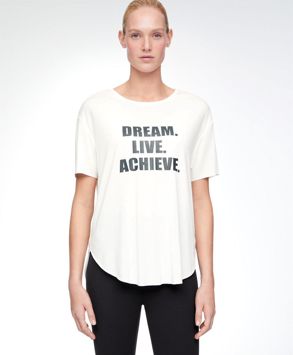 Oysho Modal Rövid-sleeved Text T-shirt Ecru | WZGENS-751