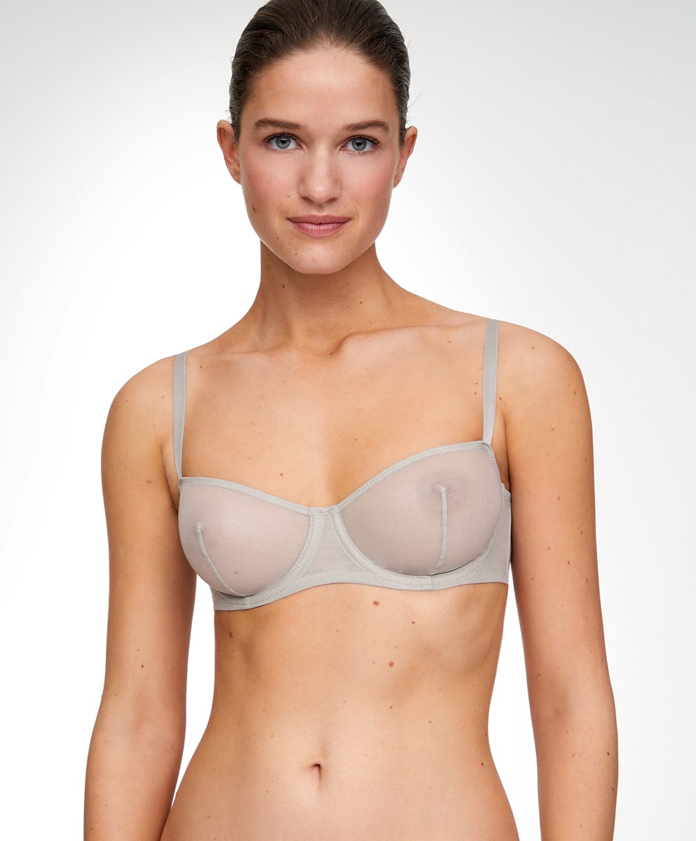 Oysho Non-padded Underwired Balconette Bra In Shiny Tulle Titán | CVIDHM-935