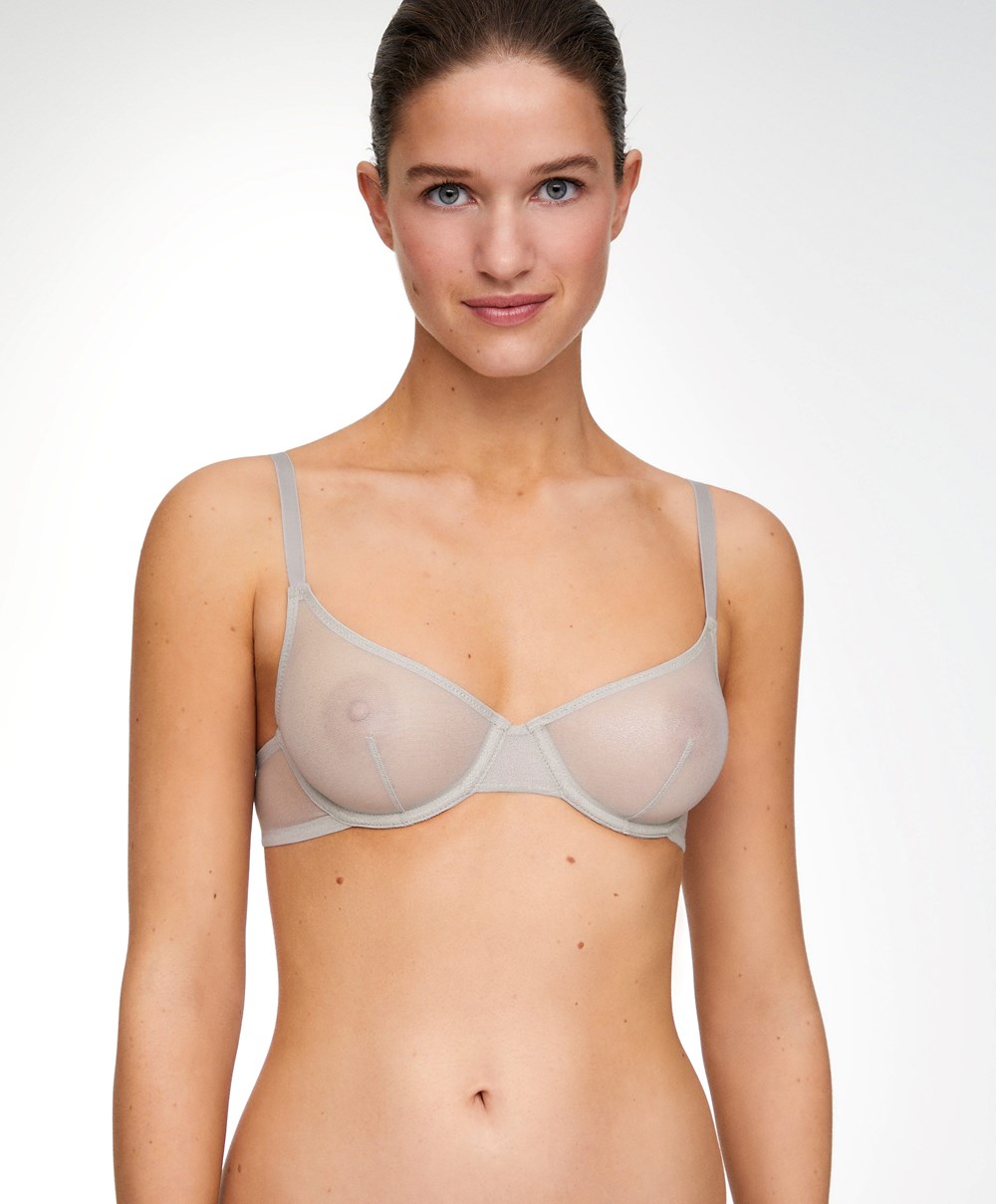 Oysho Non-padded Underwired Classic Bra In Shiny Tulle Titán | QXEHMU-536