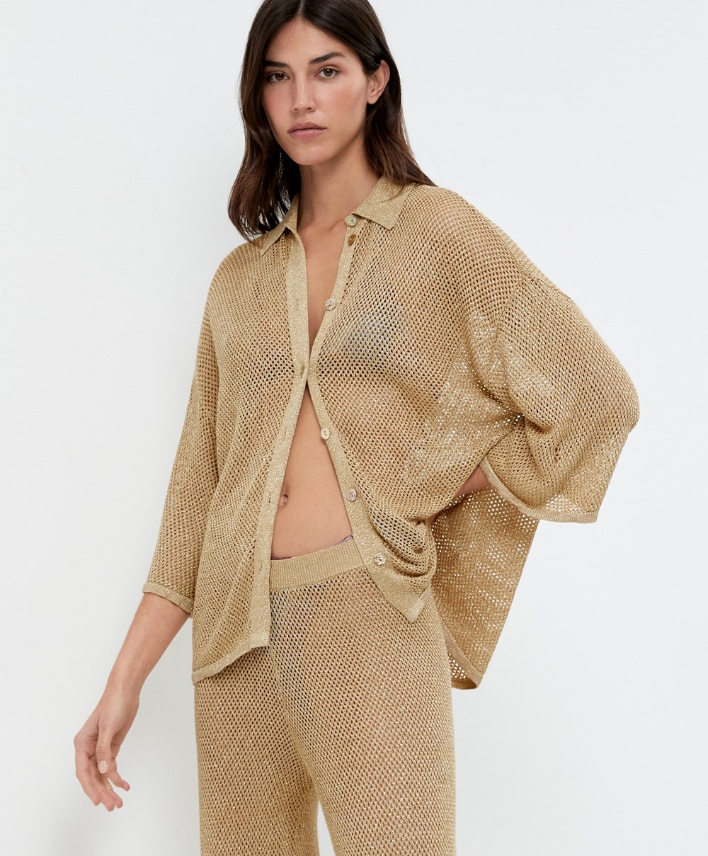 Oysho Oversize Knit Shirt Arany | HCQKGJ-129