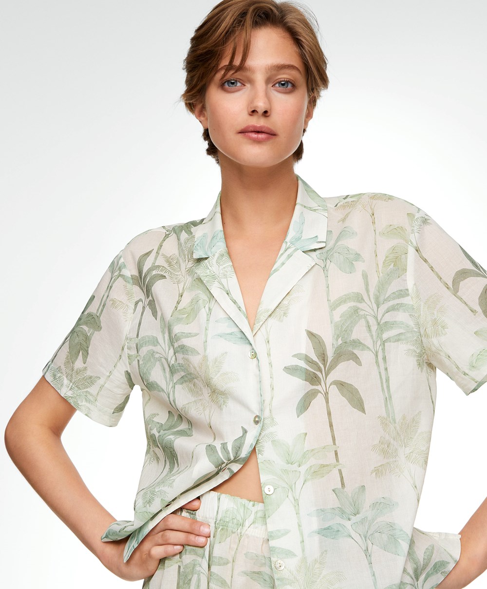 Oysho Palm Tree 100% Pamut Rövid-sleeved Shirt Grass | GQTPUM-395