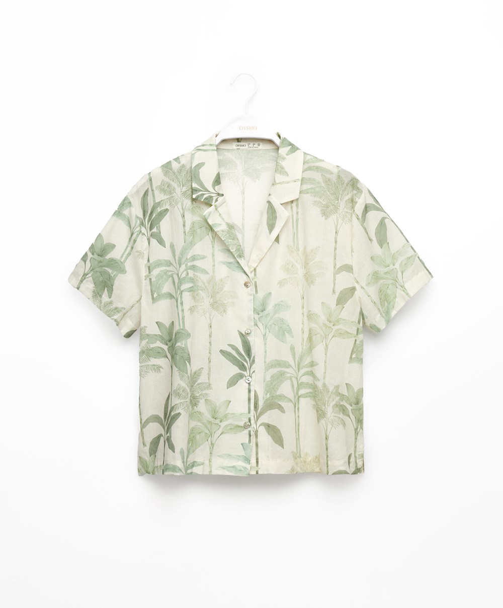 Oysho Palm Tree 100% Pamut Rövid-sleeved Shirt Grass | GQTPUM-395