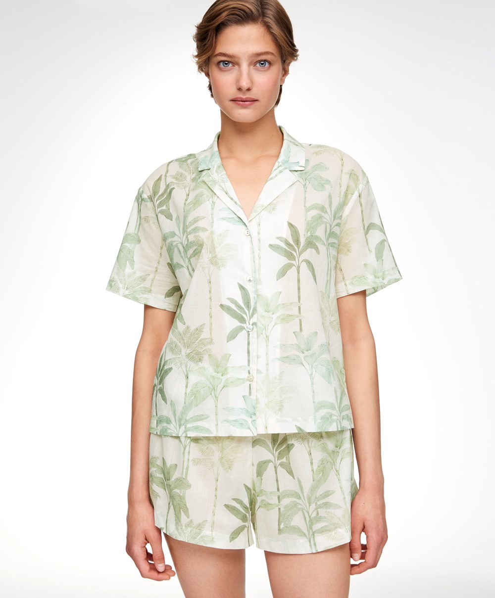 Oysho Palm Tree 100% Pamut Rövid-sleeved Shirt Grass | RBXNTW-628