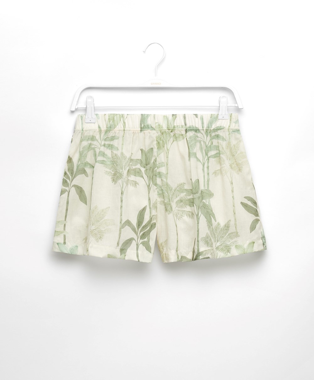 Oysho Palm Tree 100% Pamut Shorts Grass | RKNISE-290