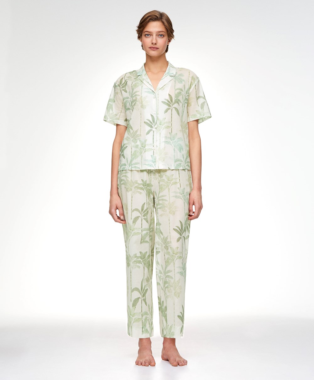 Oysho Palm Tree 100% Pamut Trousers Grass | APKGNW-638