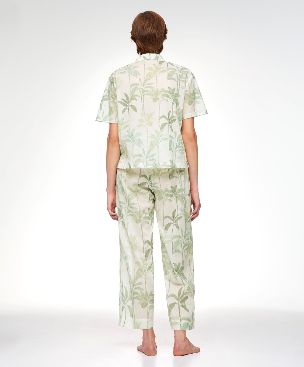 Oysho Palm Tree 100% Pamut Trousers Grass | APKGNW-638