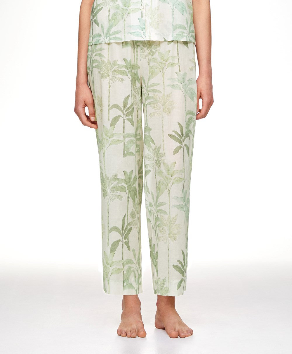 Oysho Palm Tree 100% Pamut Trousers Grass | APKGNW-638