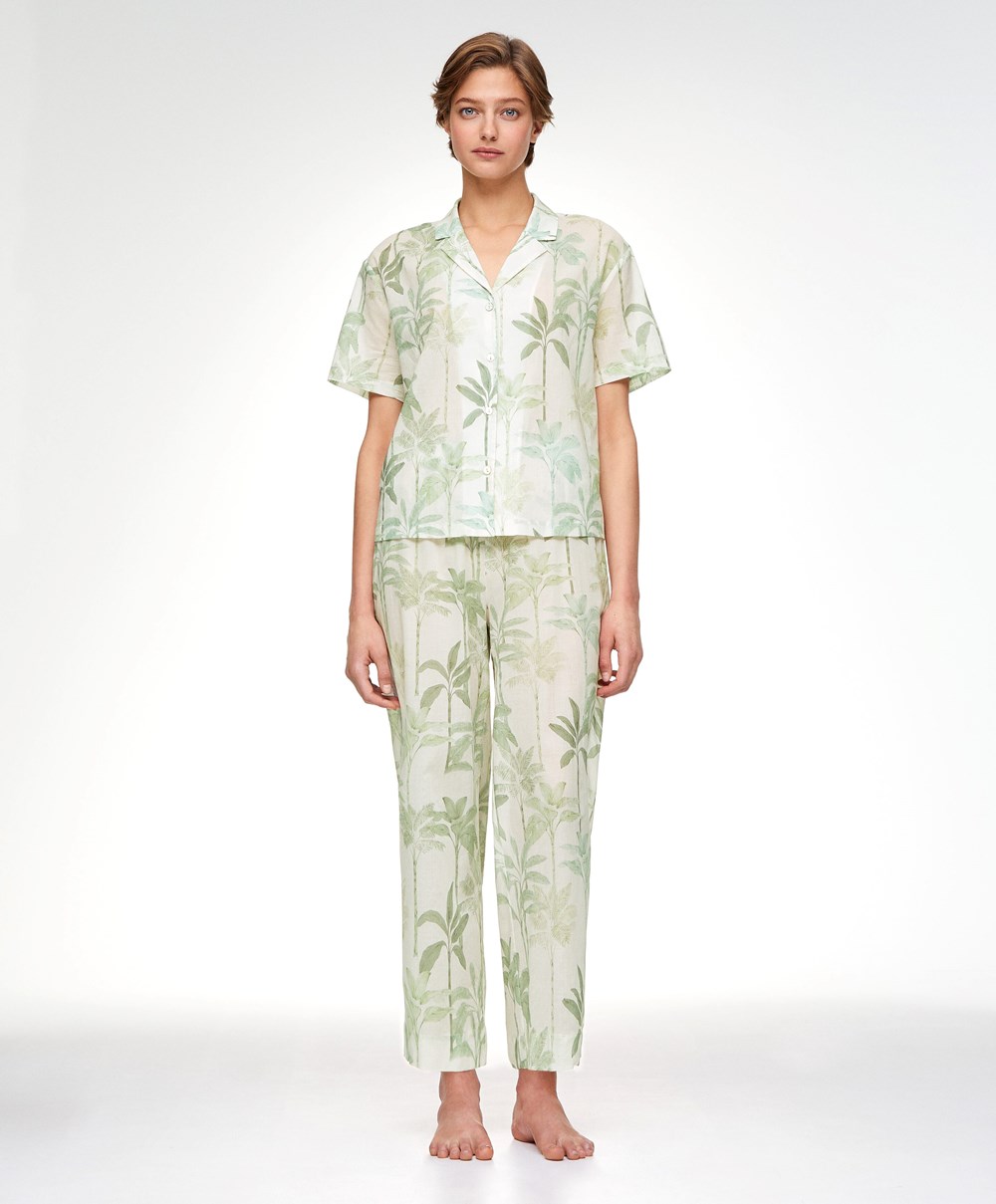 Oysho Palm Tree 100% Pamut Trousers Grass | BKEJRL-521