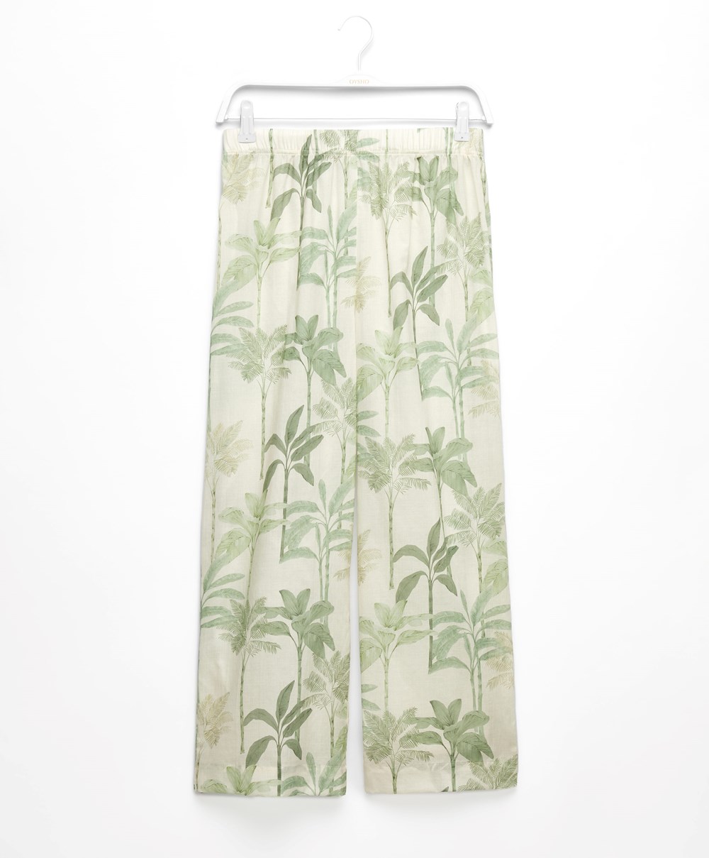 Oysho Palm Tree 100% Pamut Trousers Grass | BKEJRL-521