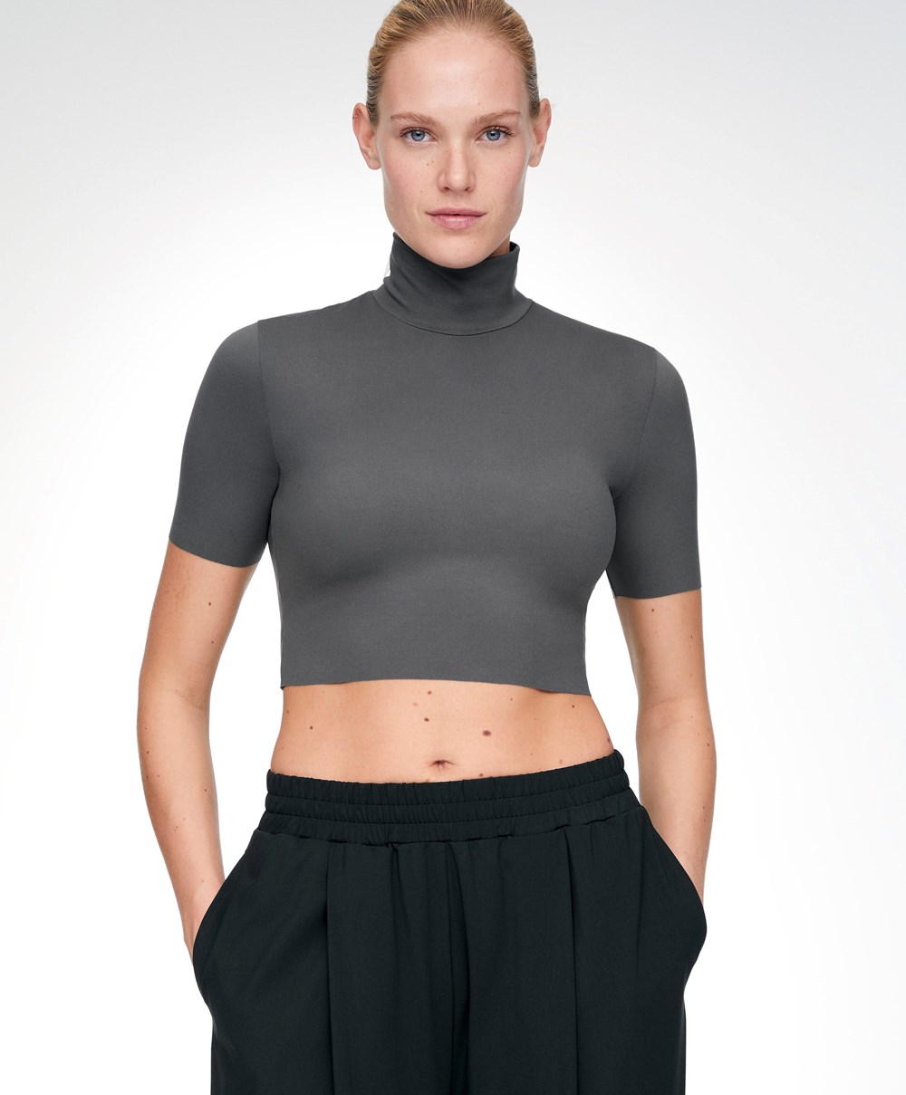 Oysho Perfect-adapt Crop Top With Raised Neck Sötétszürke | TQEFDS-796