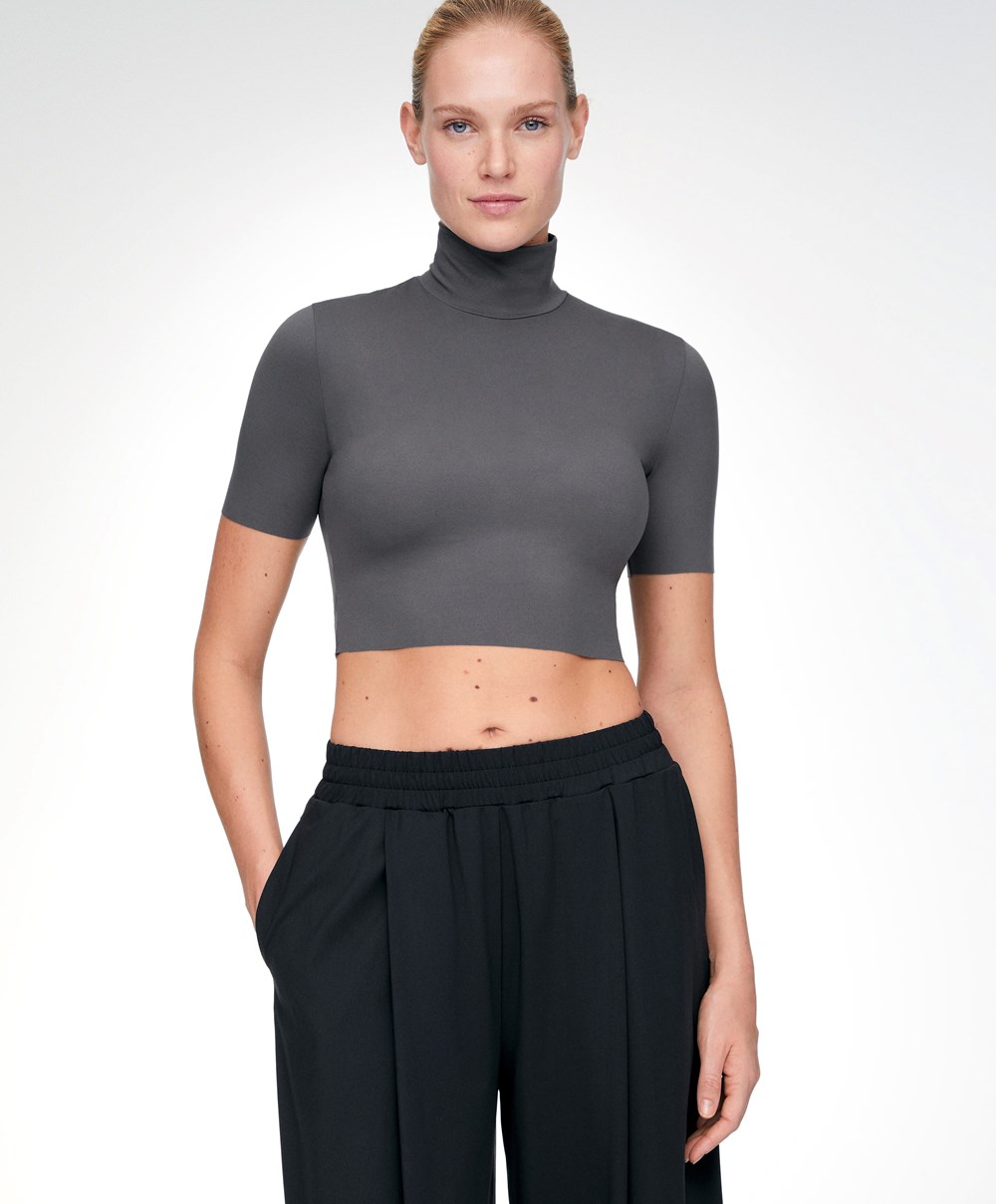 Oysho Perfect-adapt Crop Top With Raised Neck Sötétszürke | TQEFDS-796