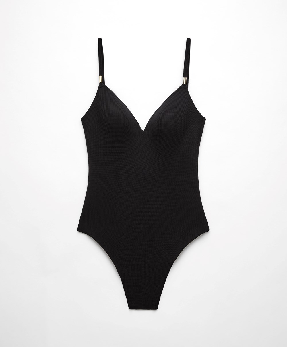 Oysho Piqué Triangle Swimsuit Fekete | RUANJF-785